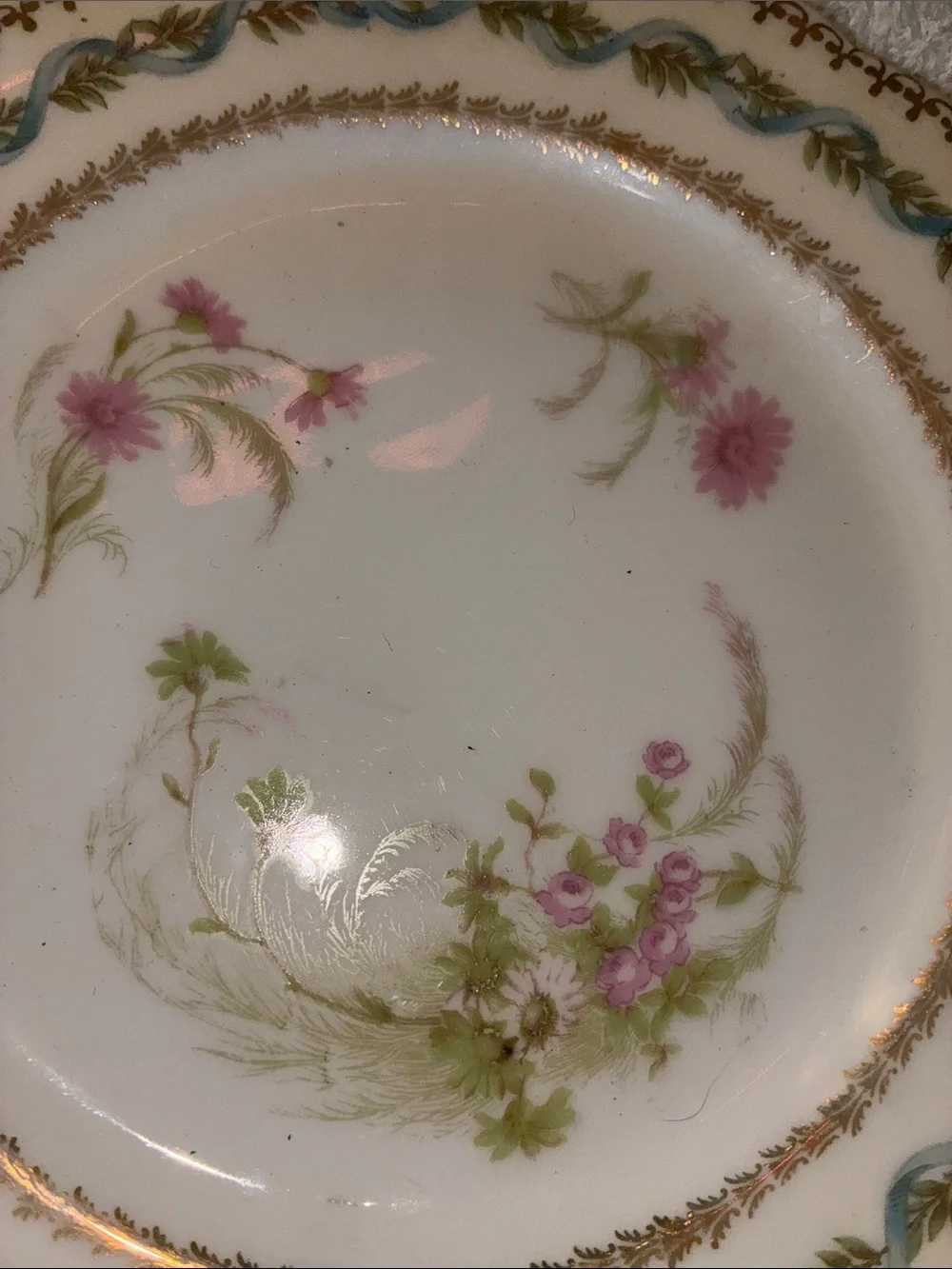 Antique Porcelain Flower Plate Daisy Roses Ribbons Applied Gold Pink Blue Green
